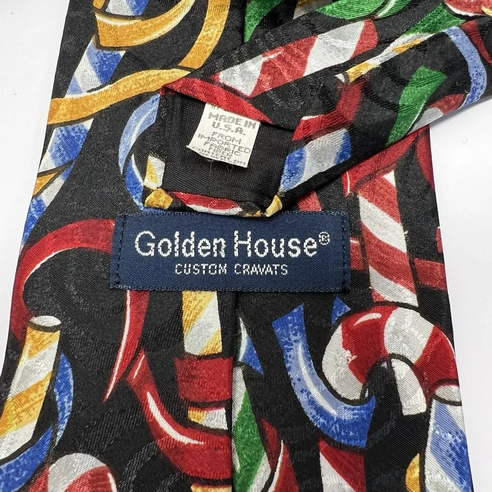 Golden House Necktie Christmas Colorful Candy Canes Black Background 57